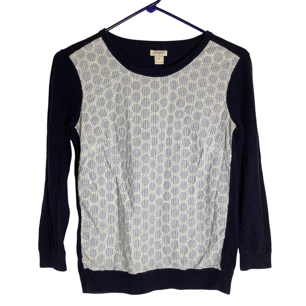 J.Crew Women's Small Blue Mixed Media Eyelet Lace Front Crew Neck Sweater J4-4